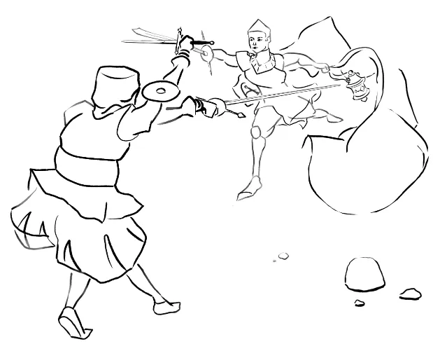 The fencers, one of the three scenes from the combined title graphic. The masked fencer attacks with sword-point while parrying a cut to the head with their dagger. The crowned fencer, lunging forward, swings their cloak and lantern in a billowing display. Rocks are visible in the foreground.