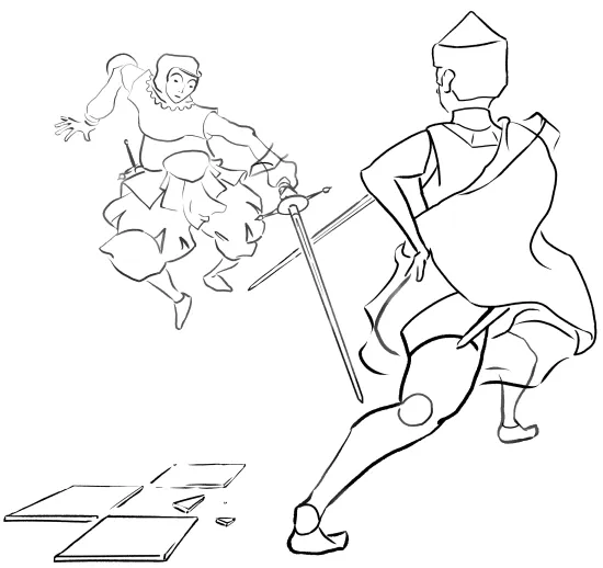 The fencers, one of the three scenes from the combined title graphic. The crowned fencer lunges to the outside and attacks low. The left-handed masked fencer leaps away, removing the target of the lead leg, and parries in low-seconda. A broken grid of tiles is visible in the foreground.